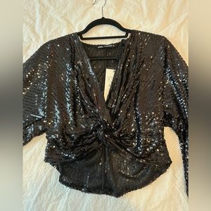 Zara Long Sleeve Sequin Crop Top Brand New